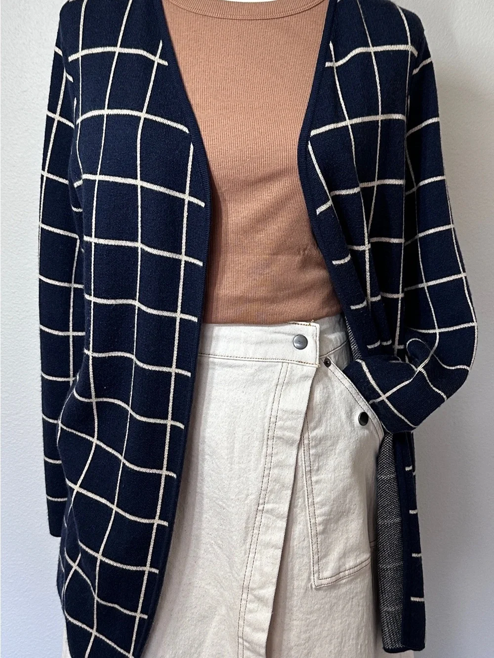 Charter Club Navy Windowpane Cardigan & Gibson Latimer Cream Denim Wrap Skirt